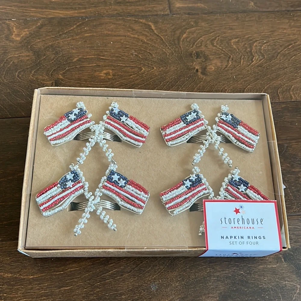 Storehouse Americana Patriotic July 4th American Flag Beaded Napkin Rings NIB